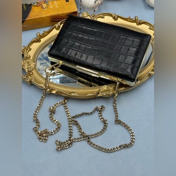 🆕 JASON WU 🧿 NWOT Black Croc Embossed Leather Clutch, with Gold Chain Strap - Picture 6 of 16